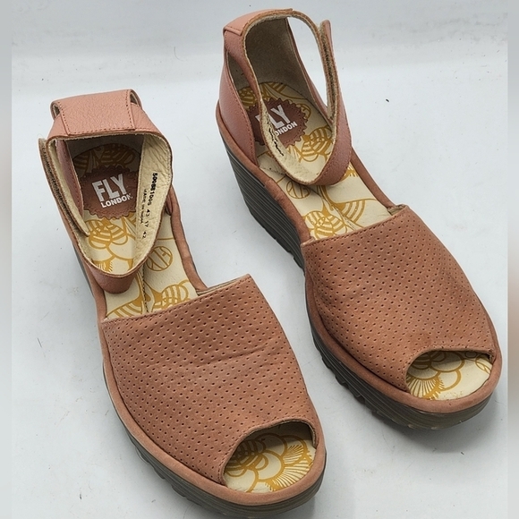 FLY London Perforated Leather Wedge Sandals In Pink and Grey Style Yake Size 10 - Picture 3 of 15